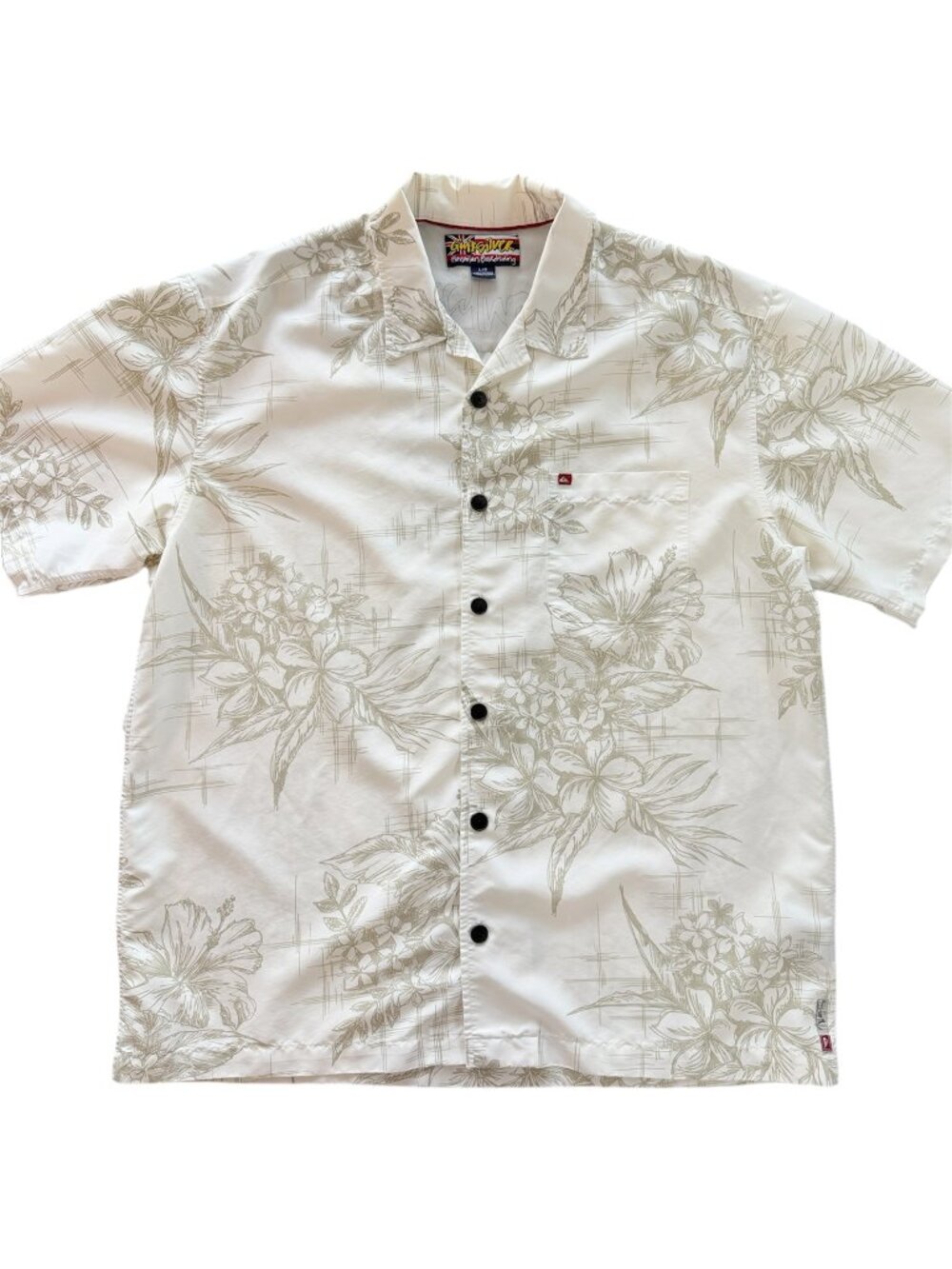 Quiksilver Hawaiian Boardriding Aloha Shirt Large L Ivory Beige Floral Hibiscus